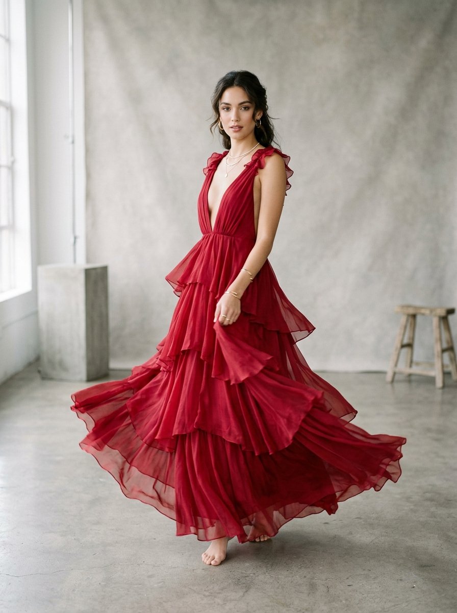 Dahlia Ruffled Chiffon Evening Gown in Ruby Red