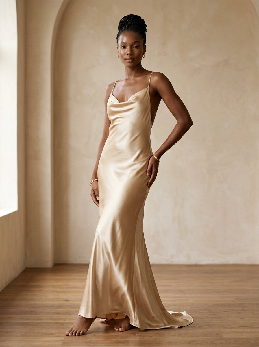 Helena Cowl-Neck Liquid Silk Slip Dress in Champagne
