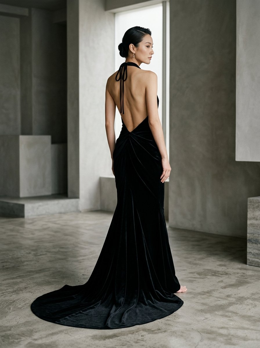 Nocturne Backless Velvet Halter Gown in Midnight Black